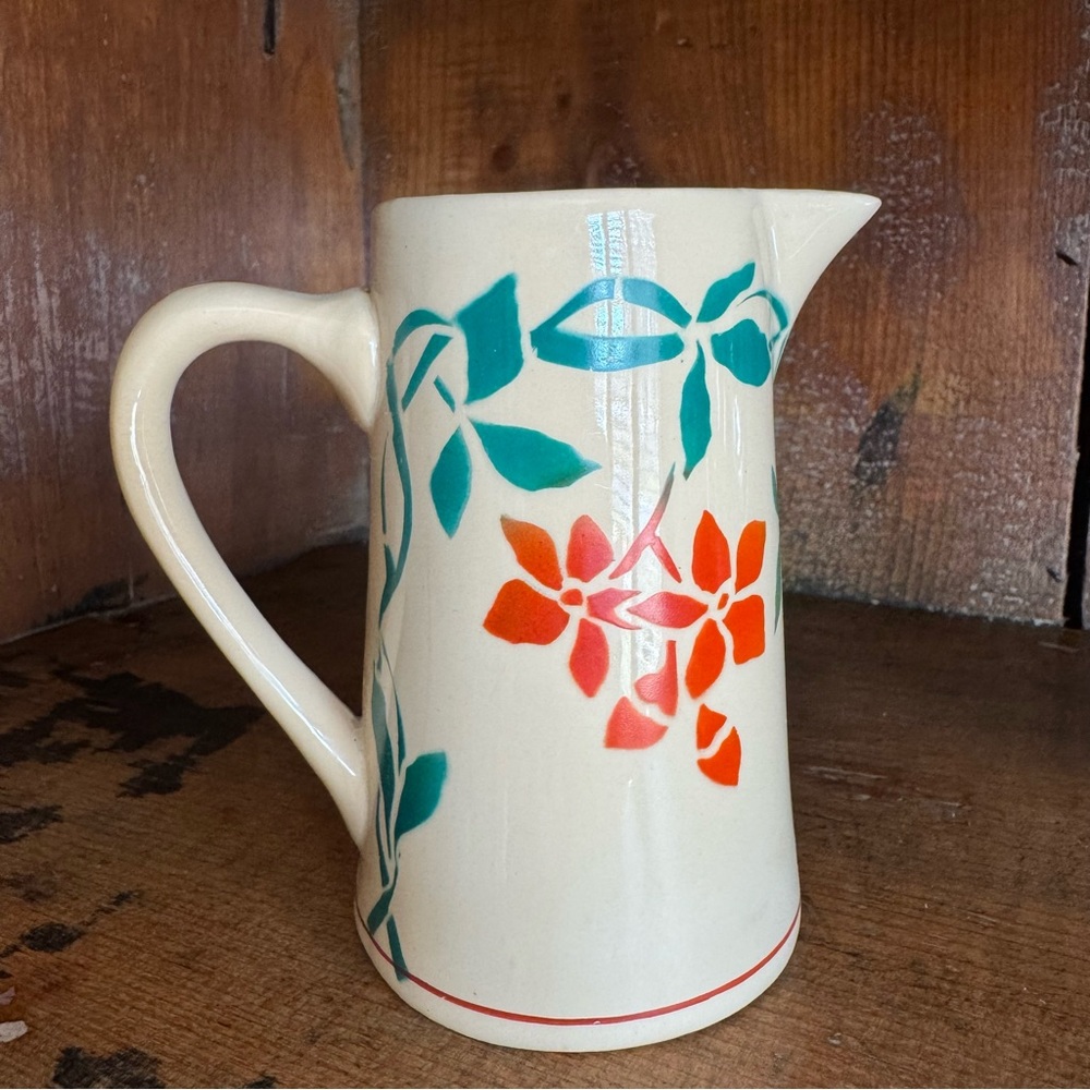 Vintage Small Bennett Bakeware Pottery Pitcher with Teal and Orange Design